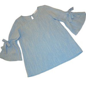 Blouse Blue Cotton bell sleeve tunic top careerwear shirt size Medium